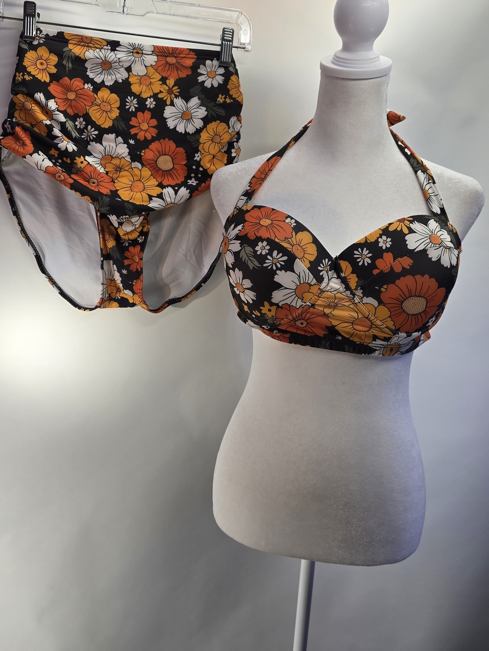 Floral Halter High-Waist Bikini Set - Black with Orange & White Flowers
